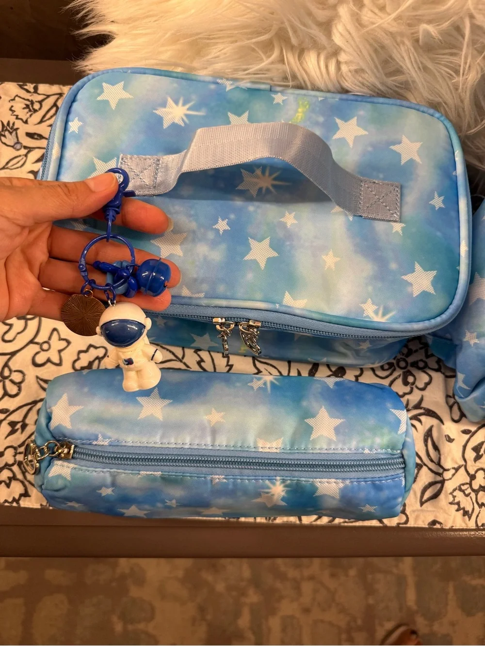 Sky Blue Star Print Women's Backpack with Heart Zipper Pulls